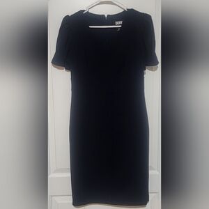 DKNY Elegant Dark Blue Mid Sheath Dress Vneck Puff Sleeves Zipper Back Size 8